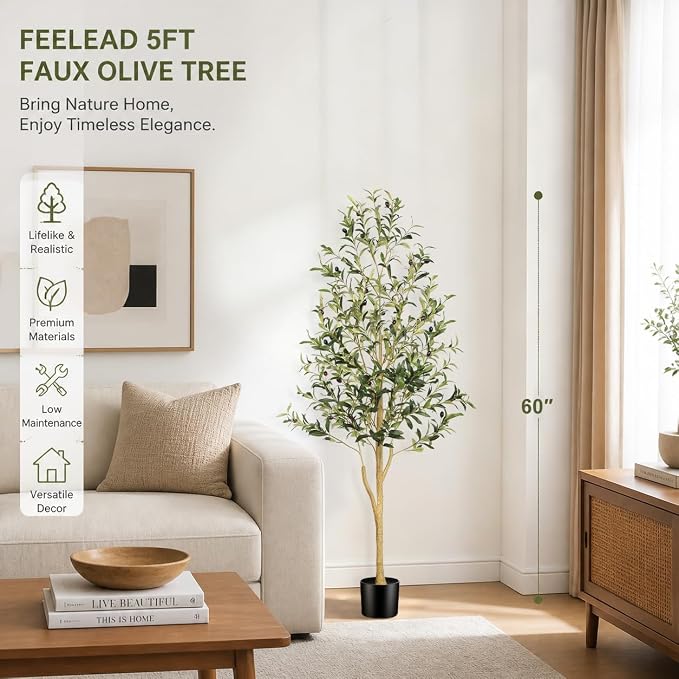 FEELEAD 5ft Faux Olive Tree, Artificial Olive Tree Indoor for Home Decor | Realistic Olive Tree with Lifelike Leaves and Natural-Looking Trunk, Fake Olive Trees Artificial Indoor for Home Office Decor