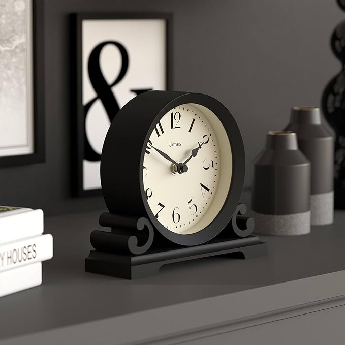 JONES CLOCKS® Saloon Mantel Clock | Small Traditional Double Scroll Design | Black | Contemporary Classic Style for Desk, Table, Shelf or Bedside