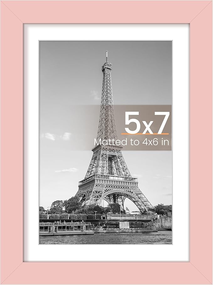 upsimples 5x7 Picture Frame, Display Pictures 4x6 with Mat or 5 x 7 Without, Wall Hanging Photo Frames, Pink, 1 Pack