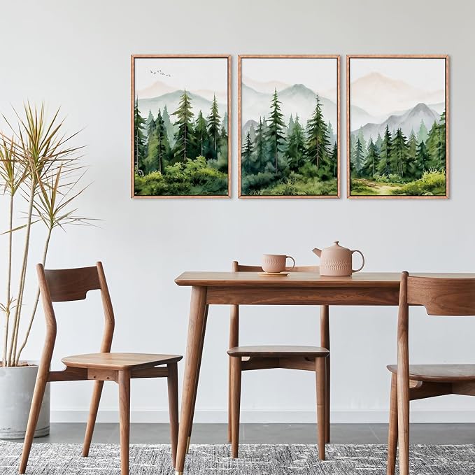 Green Forest Tree Mountain Range Framed Canvas Wall Art, Watercolor Nature Wall Decor, Woodland Nursery Wall Painting, Modern Wilderness Art Print for Living Room, Bedroom, Office-16''x24''x3