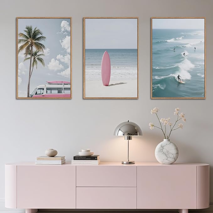 SIKERIC Large Beach Seascape Framed Canvas Wall Art Set of 3, Palm Tree Surfboard Wall Decor, Relax Summer Ocean Surfing Artwork, Modern Coastal Landscapel Art Print for Living Room, Bedroom -24x36