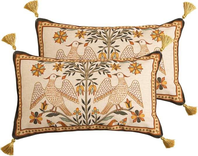 bilin gaier Designer Linen Throw Pillow Covers,20"x12" Set of 2-Seville A | Vintage Elegant Rectangle Pillow Cover,Concealed Zipper,Floral and Bird Pattern,Sofas,Bedroom,Living Room,Lounge Chairs