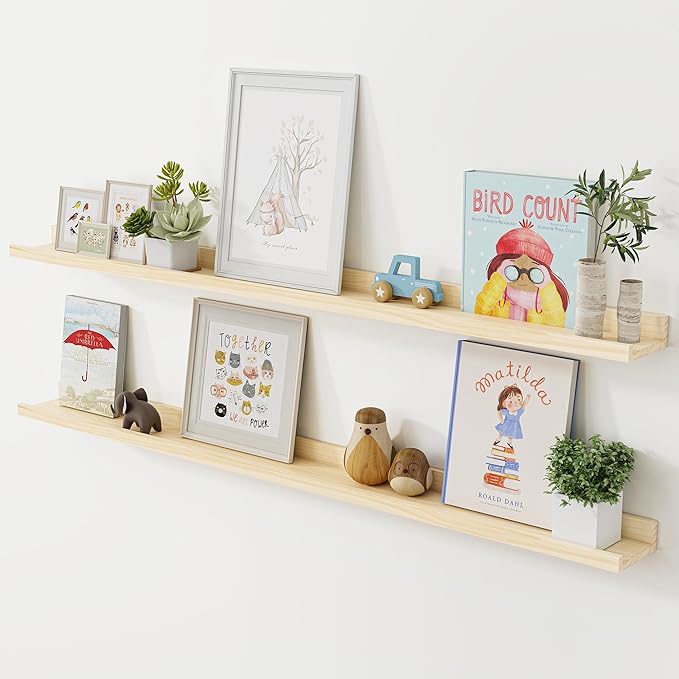 Long Floating Shelves for Wall, 55 inch Solid Wood Picture Ledge Shelf, Picture Shelf for Wall with Ledge, Floating Book Shelves for living room Bedroom Nursery Decor, Natural Unfinished, Set of 2