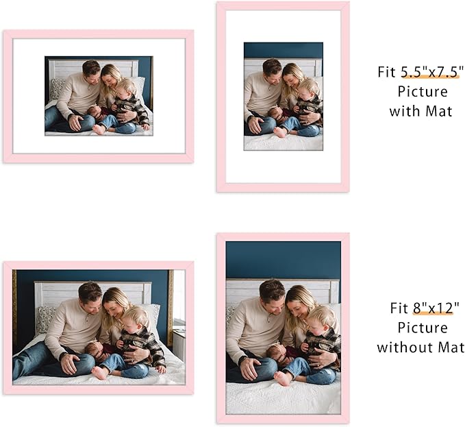 Picrit 8x12 Picture Frame Set of 12, Display 6x8 with Mat or 8x12 without Mat, Photo Frames for Wall Mounting or Table Top Display, Pink