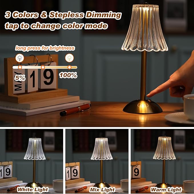 Liliful 2 Pcs Cordless Table Lamp Rechargeable Touch LED Small Gold Portable Battery Operated USB-c Desk Lamp 3 Color Dimmable for Bedroom Living Room Dining (Gold,Rose Style)