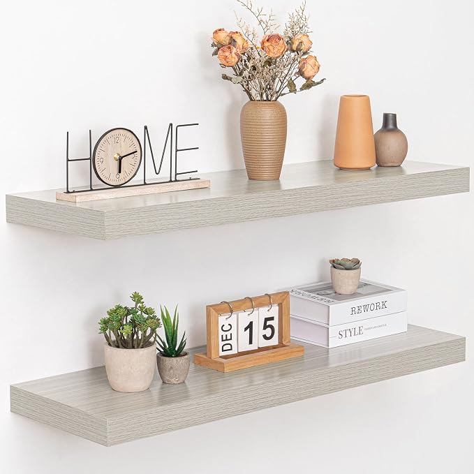 Acovy 36 Inch Floating Shelves, 12" Deep Floating Shelf Wall Mounted, 36" Wall Shelves, Rustic Deep Bookshelf, Extra Deeper & Thicker Display Shelves for Bedroom, Living Room, Gray, Set of 2