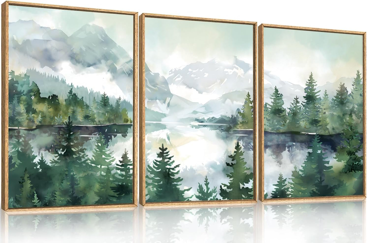 Celestdeco Watercolor Mountain Framed Canvas Wall Art Set, Boho Forest Wall Decor, Nature Green Pines Wall Painting, Forest Wilderness Artwork for Living Room, Bedroom, Dining Room, Office - 24"x36"x3