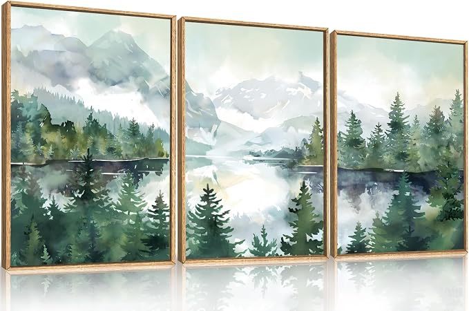 Watercolor Mountain Framed Canvas Wall Art Set,Green Forest Lake Wall Decor,Nature Boho Pine Tree Wall Painting,Foggy Wilderness Landscape Artwork for Living Room,Bedroom,Office-24 x36 x3