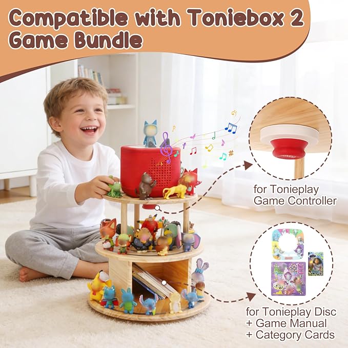 360° Rotating Storage Shelf for Toniebox1/2, 3-Tier Organizer Holder for 30~40 Tonies Figures, Wooden Magnetic Stand Display for Tonie Box + Characters + Tonieplay Game + Controller