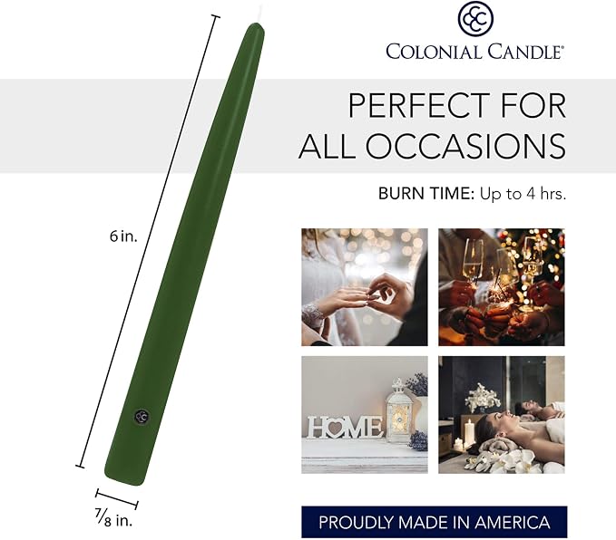 Colonial Candle Unscented Taper Candle, Handipt Collection, Evergreen, 6 in, Pack of 12 - Up to 4 Hours Burn