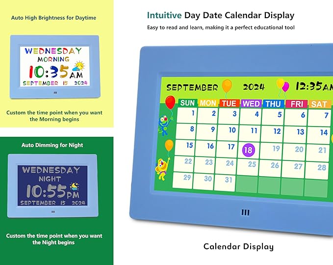 MASSII Digital Teaching Clock Talking Time, 24 Alarms Custom Reminders, Checklist to-Do List, Auto DST & Calendar Display, Sleep Trainer, Easy to Use for Kids Birthday Gift- Blue with Remote