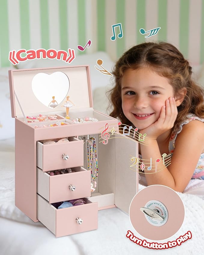 VLANDO Musical Jewelry Box for Girls, Large Kid Music Box with Ballerina for Birthday Bedroom Decor, 4 Layer Girl Jewelry Gifts for Girls Kids - Pink