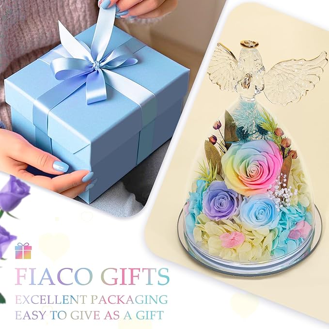 FIACO Gifts for Women Mom Preserved Rose Forever Flower in Glass Angel Figurine Fresh Flowers for Delivery Birthday Gifts for Grandma Wife Sister Eternal Roses
