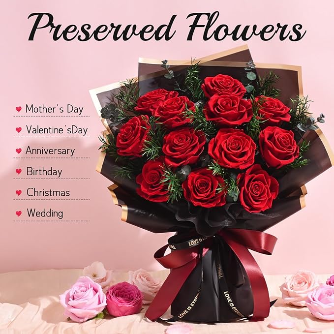 Flowers for Delivery Prime 12 Roses, Mothers Day Flowers for Mom, Mothers Day Gifts, Forever Roses Preserved Flowers Red Roses Bouquet Birthday Gifts for Women Gf Gifts Wedding Anniversary