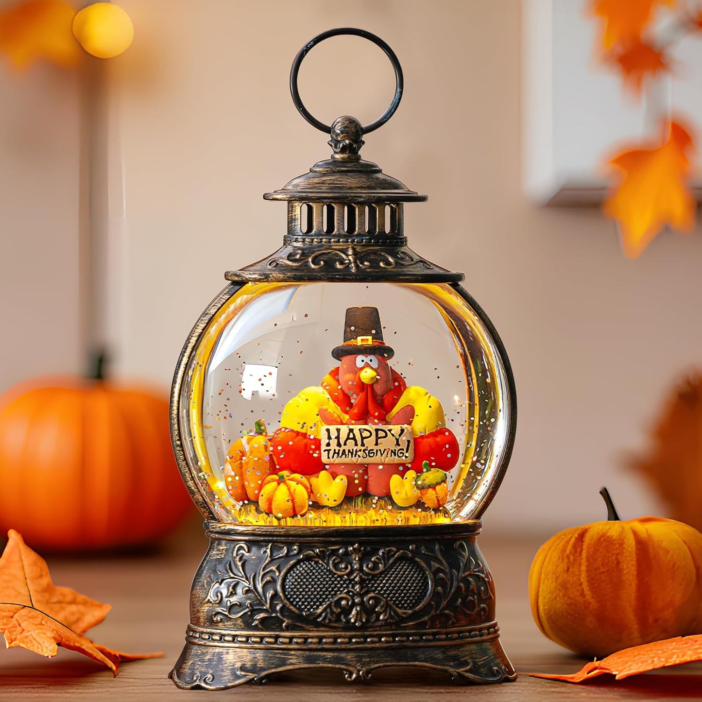 Christmas Fall Snow Globes Thanksgiving Water Lantern Swirling Glitter Snow Globe for Autumn Harvest Day Decorations Home Fall Decor Gifts (Turkey & Pumpkins)