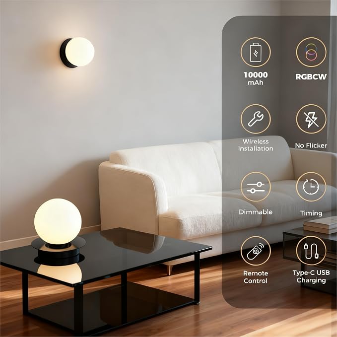 L LOHAS LED Battery Operated Wall Sconce Set of 2, 2-in-1 Rechargeable 10000mAh Wireless Globe Wall Lights with Remote, 16 RGB Colors Dimmable Modern Black Sconces for Bedroom & Living Room Decor