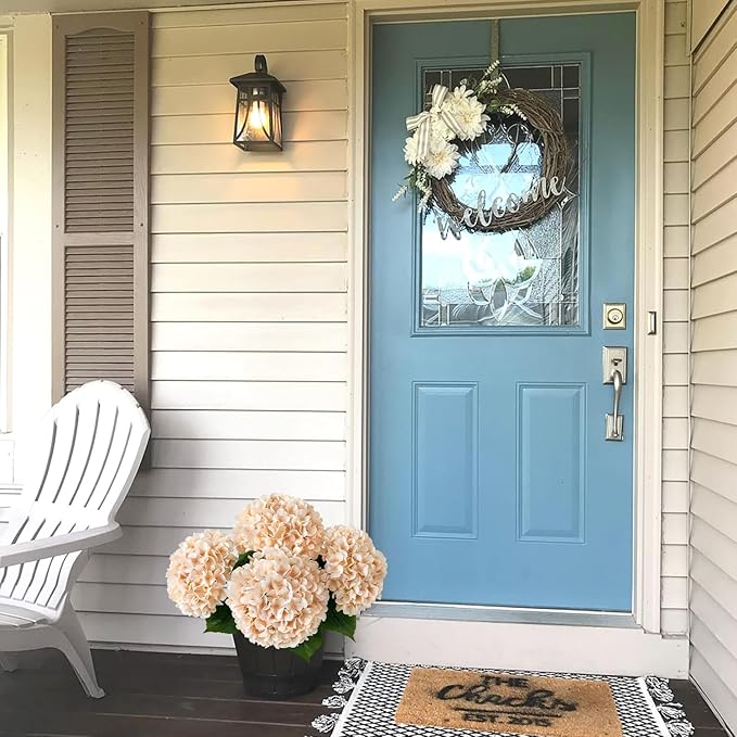 JINWOE Light Coffee Boho Silk Hydrangea Artificial Flowers, 4Pcs 22Inch Full Fake Artificial Hydrangeas with Stems for Bouquet Table Centerpieces Home Decoration Porch Outdoor