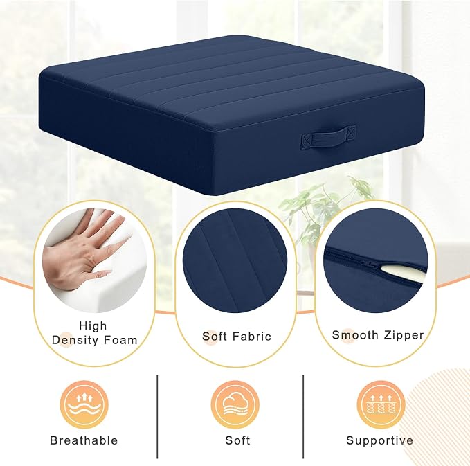 MeMoreCool Square Floor Pillow for Adults and Kids, Large Meditation Cushion with Thick Foam and Washable Tufted Cover, 24-Inch Navy Seat for Yoga and Sitting