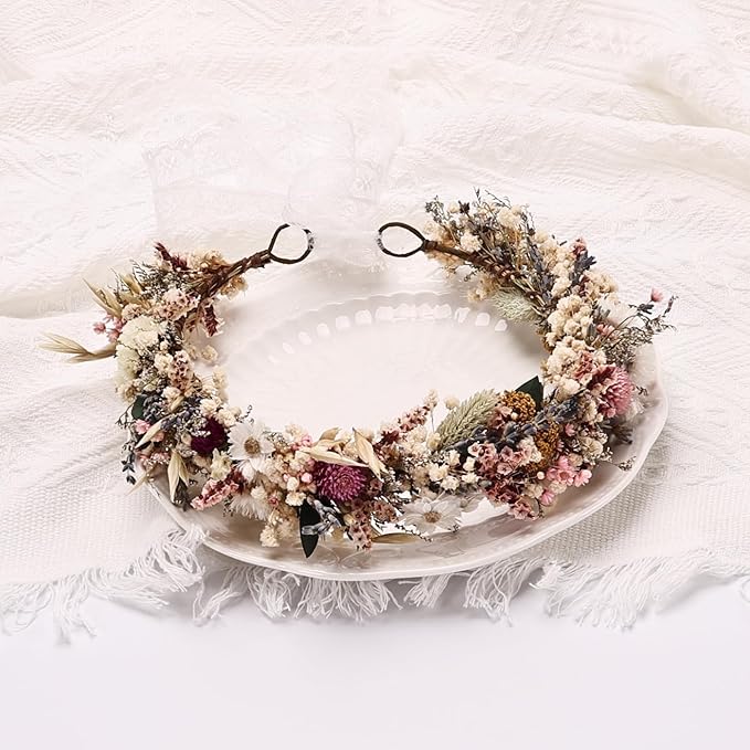 Rustic Preserved Dried Flower Crown Natural Floral Headband with Daisy Cream Mixed Flowers for Women Maternity Brides Bridesmaids Flower Girls Family Photography