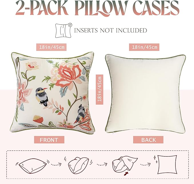 Embroidered Throw Pillow Covers 18x18 inch Pack of 2 Vintage Birds with Pink Flowers Farmhouse Pillow Cushion Cases Spring Summer Decorative Pillowcases Home Decor for Sofa Bed Living Room