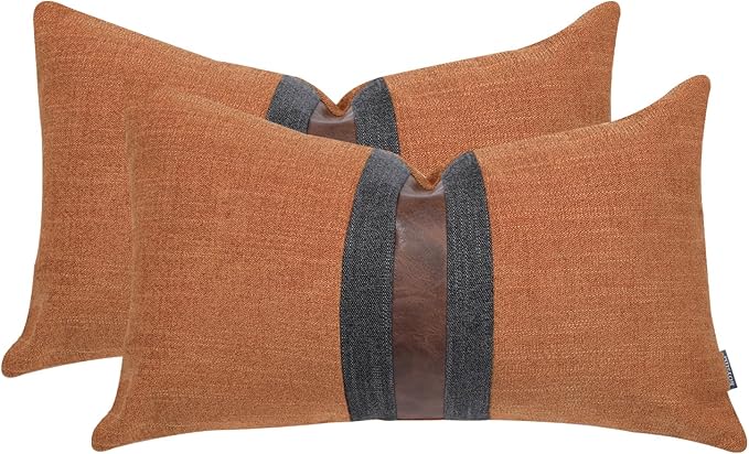 BOYSUM Set of 2 Leather Throw Pillow Covers Lumbar Cotton Linen Decor Patchwork Pillow Cover Faux Leather Pillows Cover for Couch Sofa Living Room Bedroom,Orange 12"x20"