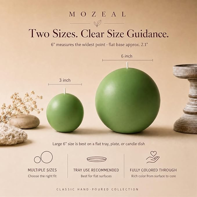 MOZEAL Hand-Poured, 3 Inch Green Round Ball Candles - Elegant Green Round Pillar Candles Set of 3, Dripless, Unscented, Smokeless, Ideal for Spring Celebrations.