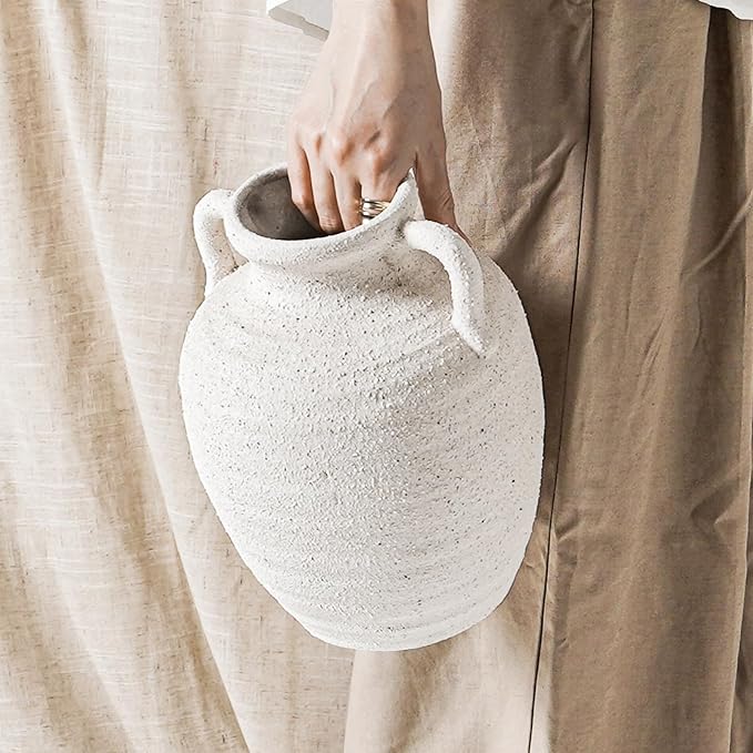 White Ceramic Vase with Handles, 9.5" Large Farmhouse Flower Vase - Rustic Centerpiece for Living Room, Bookshelf, Mantel, Entryway, Table & Wedding Home Decor (Rock Sand White)