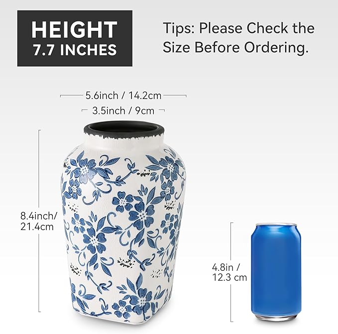 SURE YUESI Blue and White Chinoiserie Vase, Handmade Vintage Floral Ceramic Vase, Round Blue Vase for Flowers, Rustic Table Centerpiece, Blue Vases Home Decor for Living Room, Office, Kitchen 8.4 in