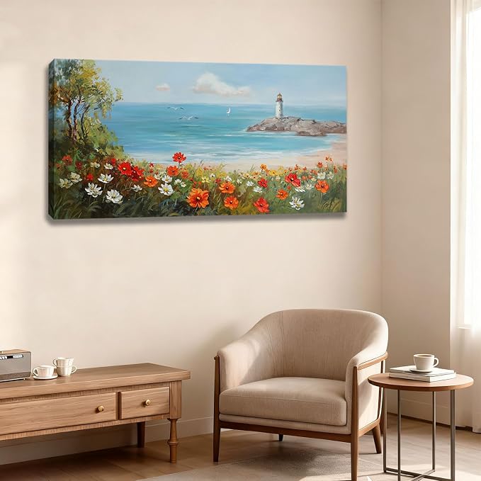 Ardemy Lighthouse Framed Canvas Wall Art for Living Room Blue Ocean Painting Seascape Landscape Coastal Picture Textured Bedroom Oversized Artwork Home Office Wall Decor, Extra Large 58"x29"