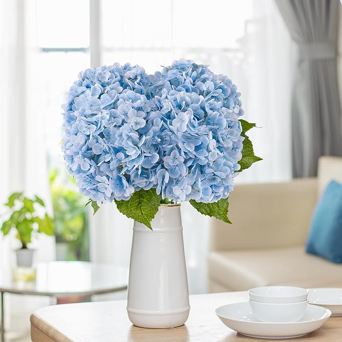 4 Pcs Blue Hydrangea Artificial Flowers 21" Real Touch Hydrangea Fake Flowers in Vase Latex Faux Hydrangea Flowers for Home Floral Arrangements Wedding Bouquets Kitchen Table Centerpiece Decoration
