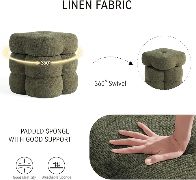 Get Set Style 360° Swivel Flower Ottoman, Linen Vanity Stool Footrest with 300LBS Capacity, No Assembly Small Space Accent Chair for Living Room Bedroom Entryway(Olive Green)