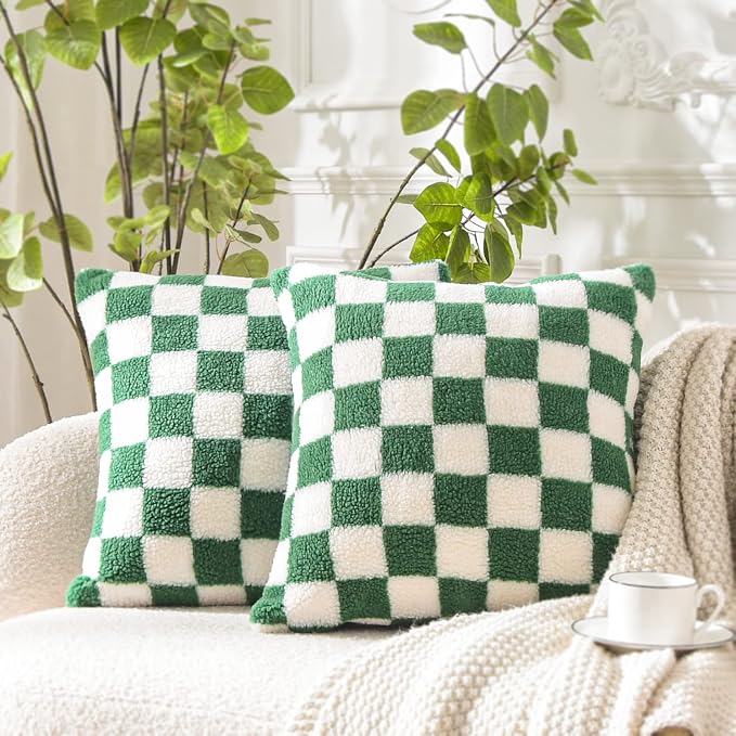 WACOMECO Decorative Throw Pillow Covers - Soft Sherpa Checkerboard Cushion Covers Faux Fur Pillow Cases for Sofa Bedroom Livingroom Car, 18 x 18 in, Dark Green and Off White