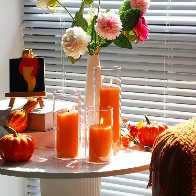 Shihanee Set of 3 Pillar Candles and 3 Glass Cylinder Candle Vases Holders Clear Pillar Jars for Wedding Centerpieces(2.6'' X 4.7'', 5.9'', 7.9'',Orange)