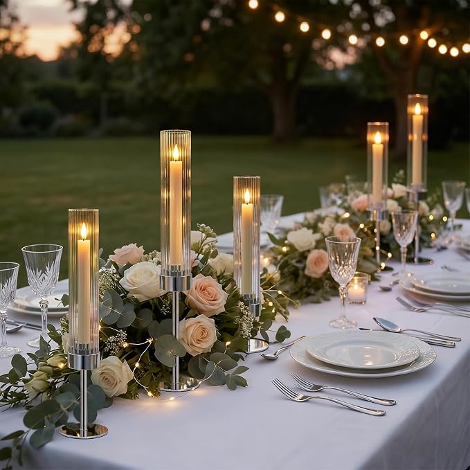 Metal & Acrylic Taper Candle Holders Set of 3 with Ribbed Design - Hurricane Clear Cylinder Candelabra for Wedding, Christmas, Party, Dining Table Centerpiece Decor (Silver, Set of 3)