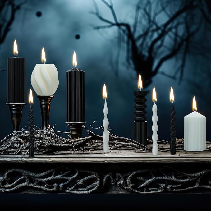 Nuanchu 9 Pcs Modern Decorative Candles Set 5 Pillar Aesthetic Ribbed Candles 4 Spiral Taper Twisted Candlesticks Scented Smokeless Soy Wax for Wedding Holiday Dinner Home Decoration(Halloween Color)
