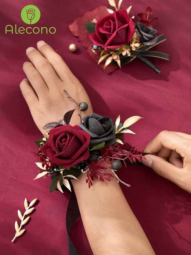 Alecono Burgundy Corsage and Boutonniere Set, Red and Black Rose Corsage Wristlet and Boutonniere for Wedding Prom Flower Accessories Suit Decorations