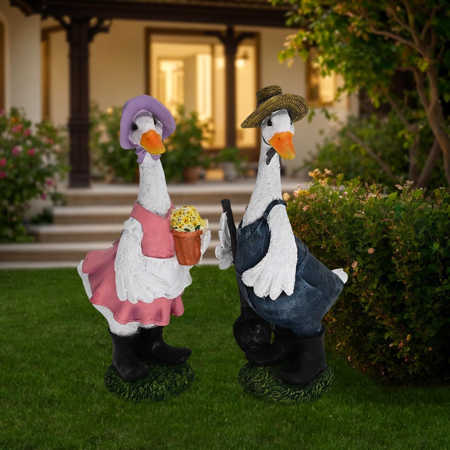 Porch Goose Statue Outfits Large Garden Sculpture Cement Home Outdoor Decorations Lawn Resin Big Duck Figurine Outside Yard Concrete Geese Decor Farmhouse Duckling Couple Dress Up