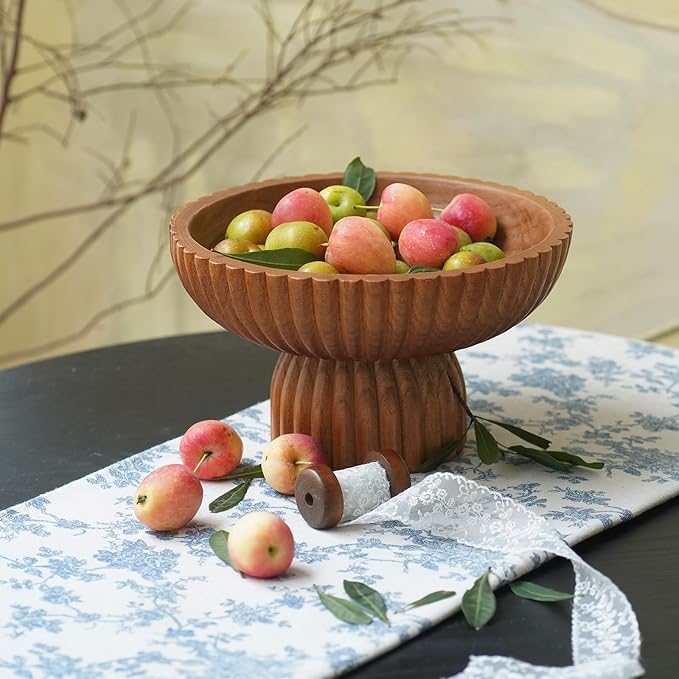 ChagoArt Wooden Fruit Bowl for Kitchen Counter- Large Decorative Bowl for Home Decor Entry Table-Ruffle Fluted Bowl-Scallopedl-Organic Modern Home Decor-Pedestal Footed (Wood Brown)