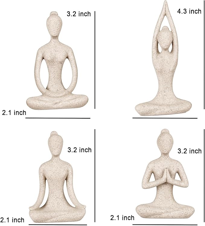 OwMell Lot of 4 Meditation Yoga Pose Statue Figurine Ceramic Yoga Figure Set Decor - Stone