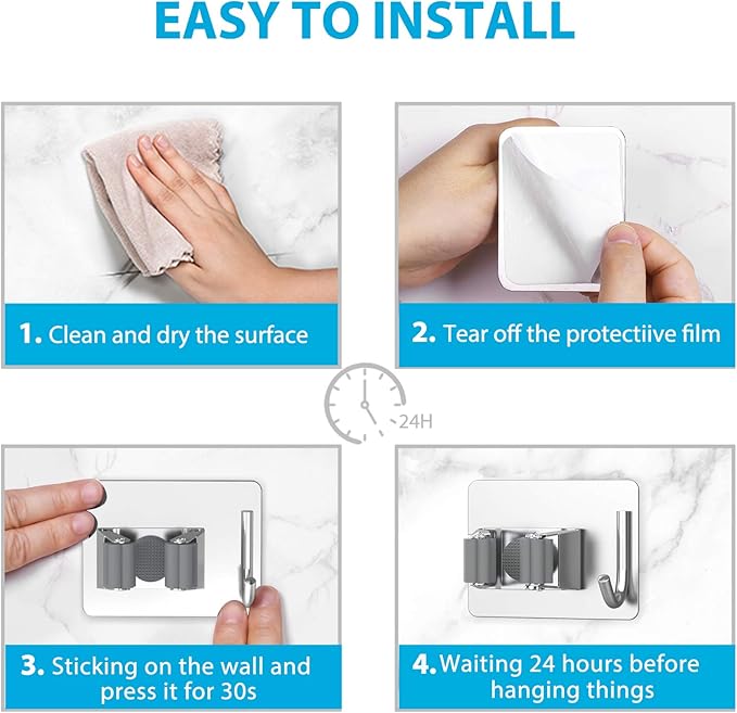 homeasy Mop Broom Holder No Drill, Mop Broom Organizer Wall Mounted Heavy Duty with Hooks Hanger, Self Adhesive Stainless Steel 4Pcs for Bathroom, Kitchen, Office (Silver)