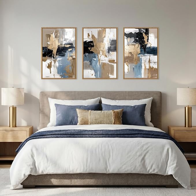 KAIRNE Blue and Gold Abstract Framed Canvas Wall Art Set,Minimalist Brush Strokes Wall Decor,Modern Textured Art Prints,Neutral Brown Black Artwork for Living Room,Bedroom,Farmhouse,Office-16 x24 x3