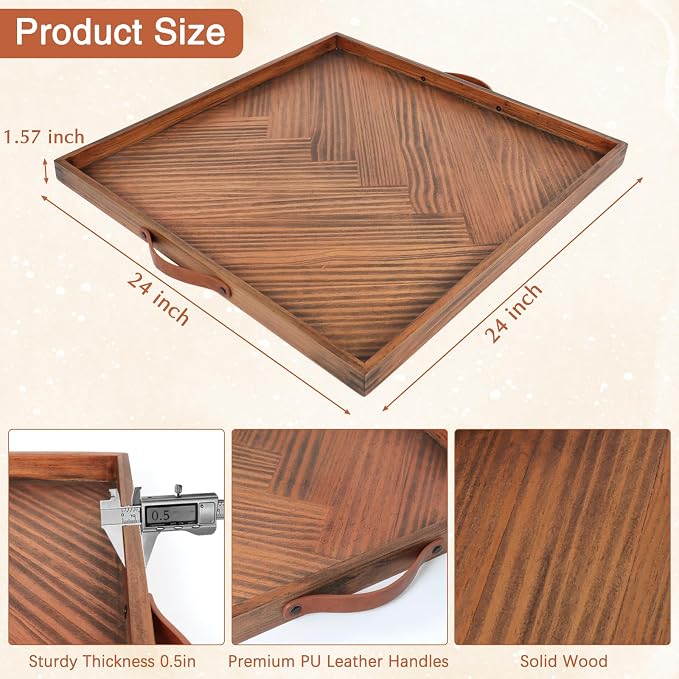 SXNOWS Wooden Serving Tray with Leather Handles, 24x24 in | Large Square Wood Tray,Perfect for Ottoman Coffee Table Living Room and Kitchen, Rustic Gift for Home Decor