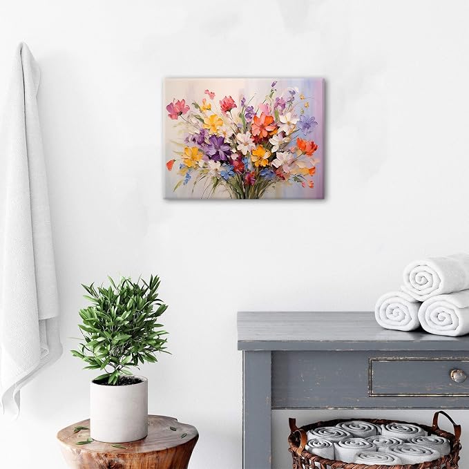 Colorful Flower Canvas Wall Art Yellow Orange Purple Wildflower Painting Prinrts for Teen Girls Room Decor Botanical Picture Floral Poster Modern Framed Artwork Bathroom Bedoom Home Decoration 12"x16"