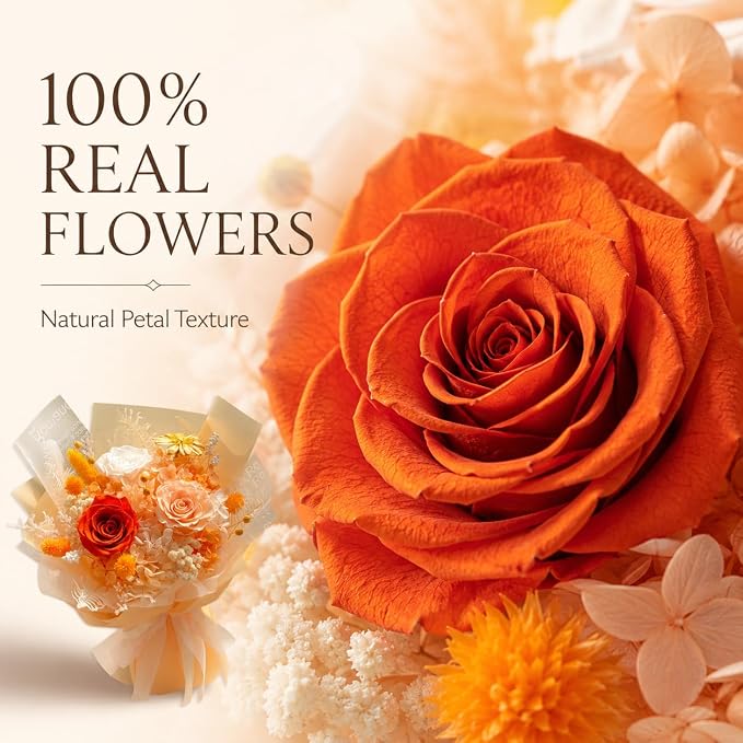 Preserved Champagne Rose Bouquet, 100% Real Flowers for Women Mother Wife, Long-Lasting Eternal Cream Roses with Gift Box, Forever Flowers for Anniversary Birthday Mother's Day, Lasts 3-5 Years