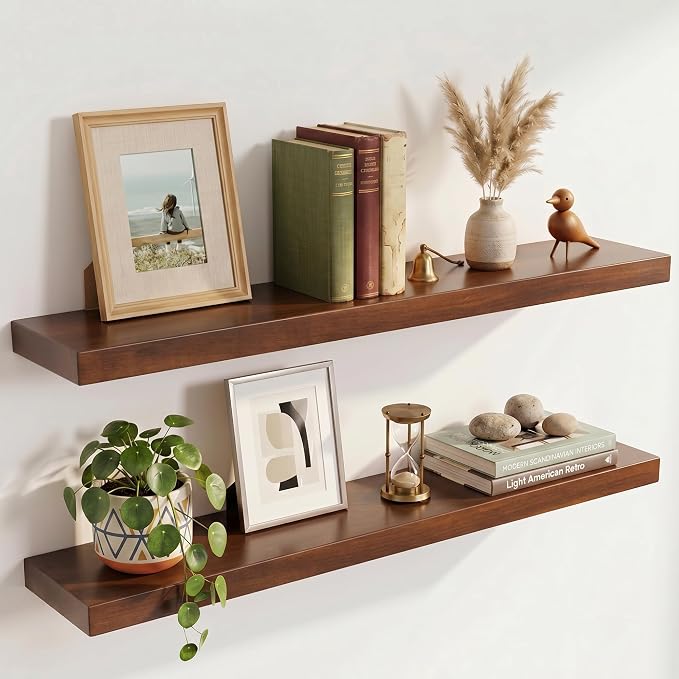 40 inch Floating Shelves for Wall, High End Solid Real Wood Floating Shelf with Heavy Duty Invisible Bracket 40in Long Wooden Wall Shelves for Living Room, Bedroom, Kitchen, Bathroom, Set of 2, Walnut