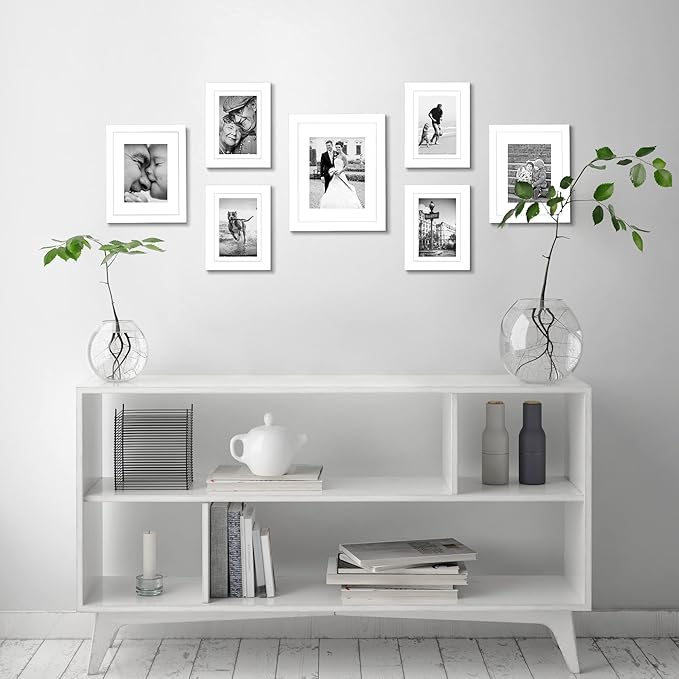 Americanflat Set of 7 Picture Frames with Shatter-Resistant Glass - Gallery Wall Frame Set with One 11x14, Two 8x10 and Four 5x7 Frames - Signature Collection - White