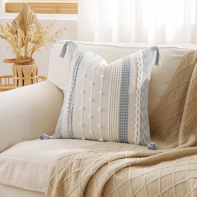 DEZENE Boho Pillow Cover 18x18 Coastal Blue - Handmade Woven Textured Throw Pillow Case with Cordings & Tassels, Decorative Accent for Couch Sofa Bed Farmhouse Living Room Bedroom Home Decor