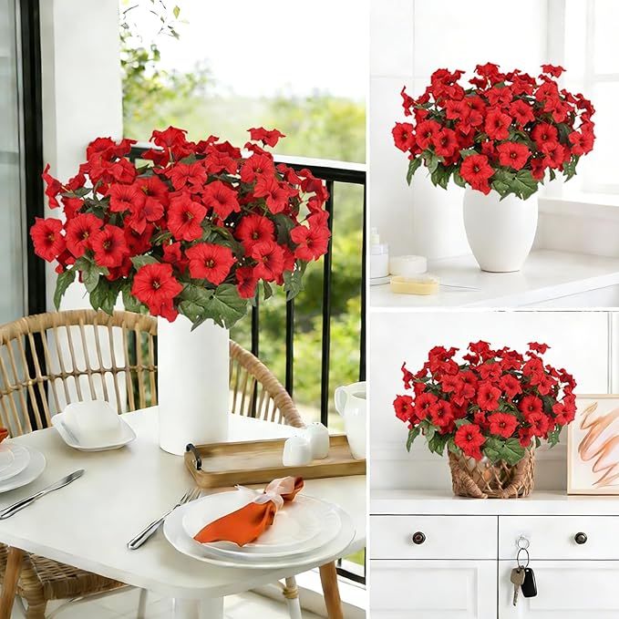 Artificial Flowers for Outdoors, Faux Petunias Spring Summer Decoration, Fake Flowers Plants UV Resistant Look Real Silk Flowers for Outside Planter Front Door Porch Patio Yard (6, Red)