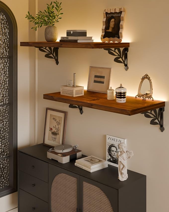 24 Inch 2 Tier Solid Wood Floating Shelves with LED Light, Metal Brackets | 24 inch solid pine shelves, 2 tier, warm LED light, walnut finish, metal brackets for books and decor