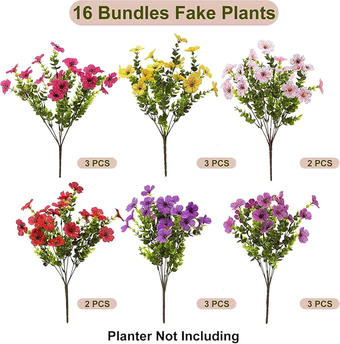 Artificial Violet Flowers Outdoor UV Resistant, 16-Stem Multi Pack Faux Purple Blooms for Front Porch, Patio, Garden & Large Planters, Fade Resistant Silk Fake Flowers (16, Mix Colors)